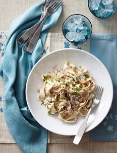 Mushroom and mortadella fettuccine