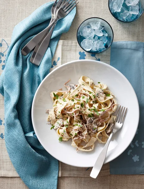 Mushroom and mortadella fettuccine