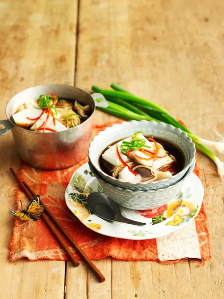 Mushroom and silken tofu noodle soup