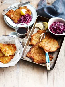 Mustard Veal schnitzel with red cabbage and rosti