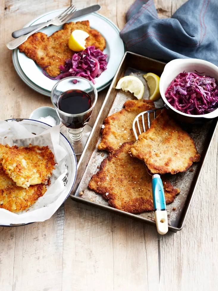 Mustard Veal schnitzel with red cabbage and rosti