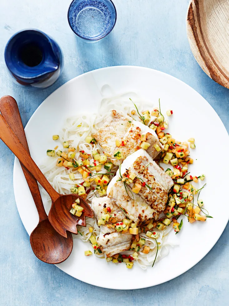 Pan-fried fish with pineapple and papaya salsa