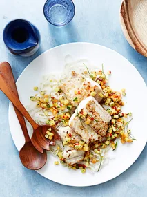 Pan-fried fish with pineapple and papaya salsa