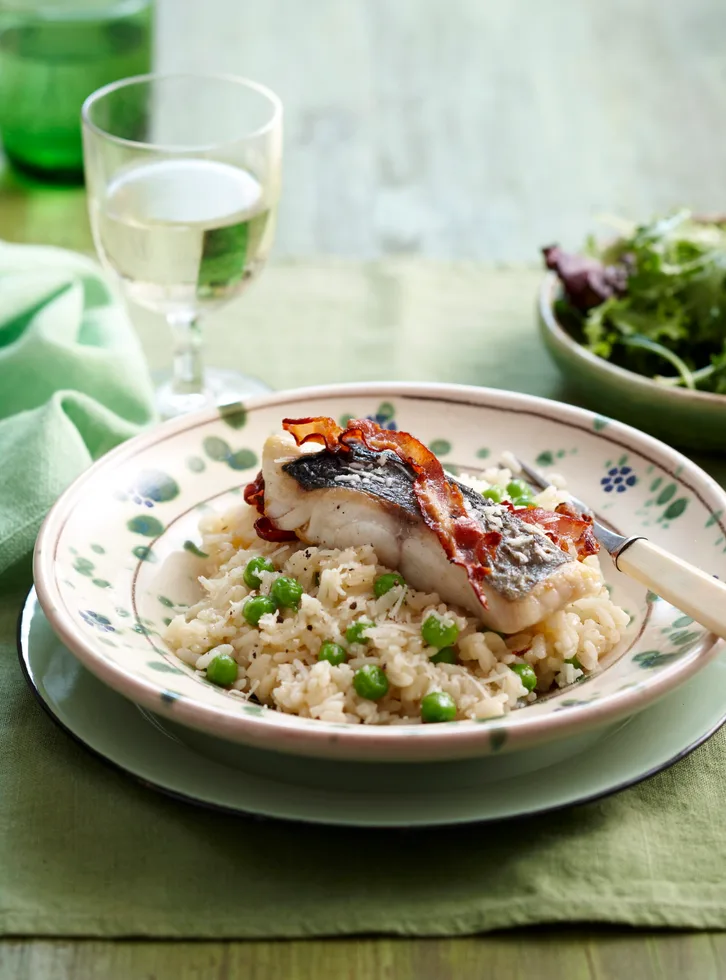 Pea, pancetta and blue eye risotto