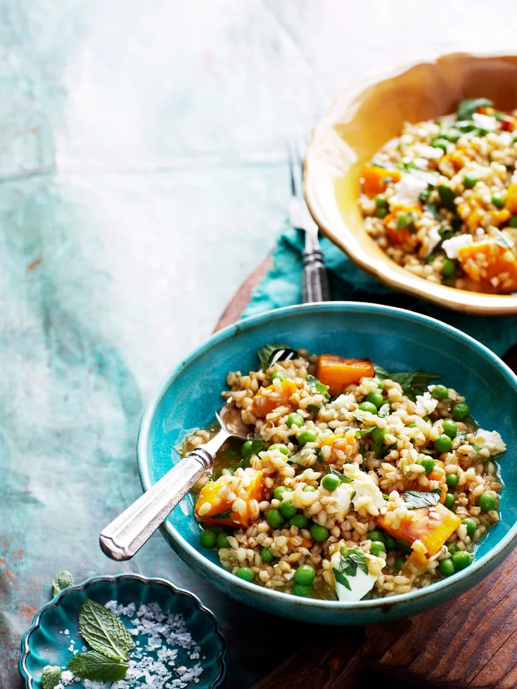 Pearl barley, pumpkin and pea risotto