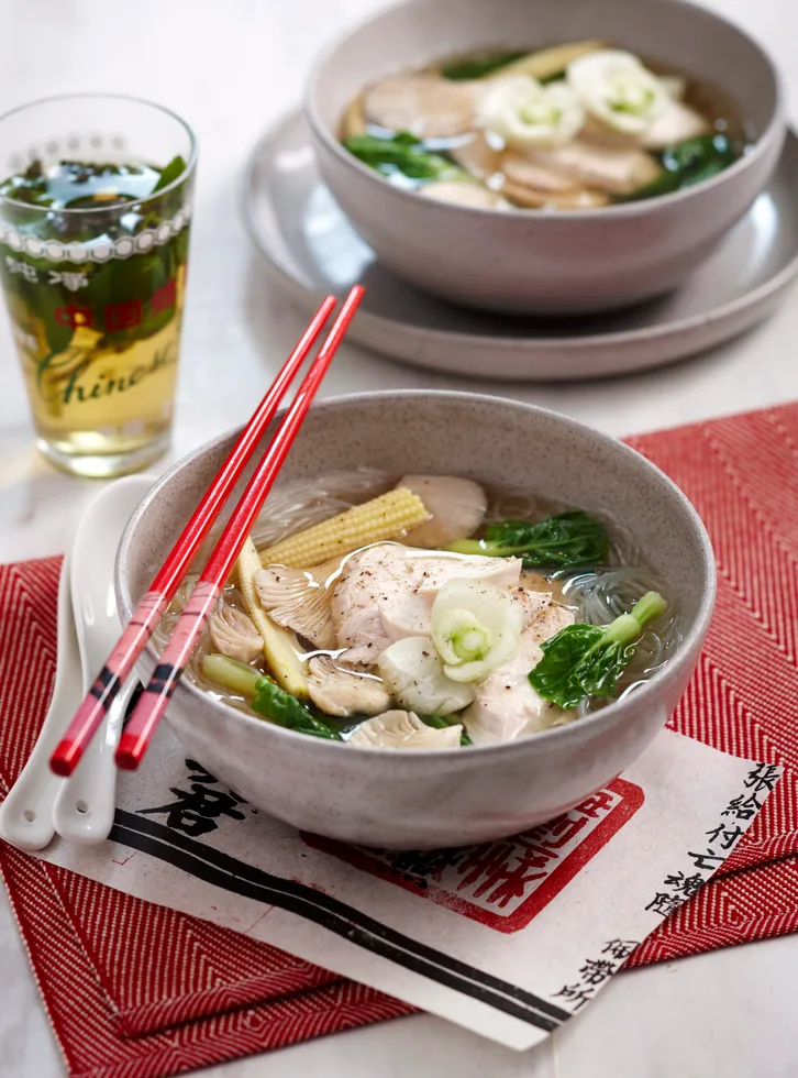 Poached chicken noodle soup