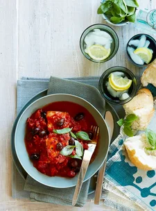 Poached fish puttanesca