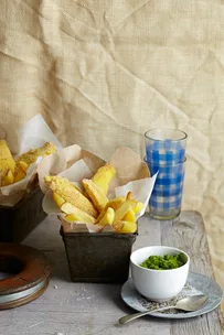 Polenta-crumbed whiting with rocket pesto