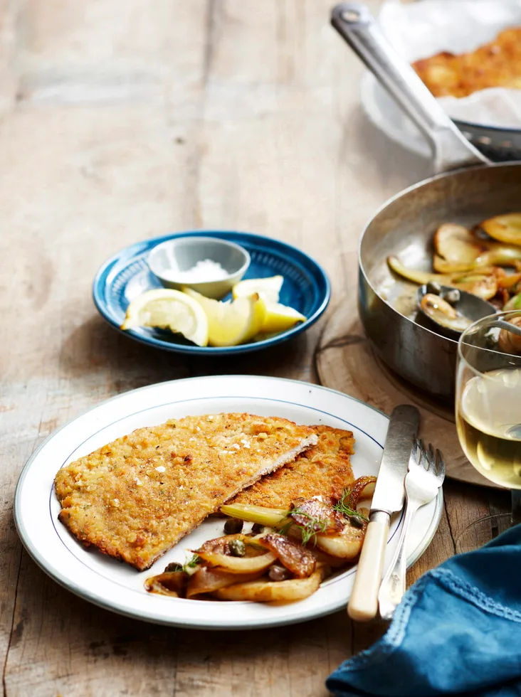 Pork and rosemary schnitzel with braised fennel