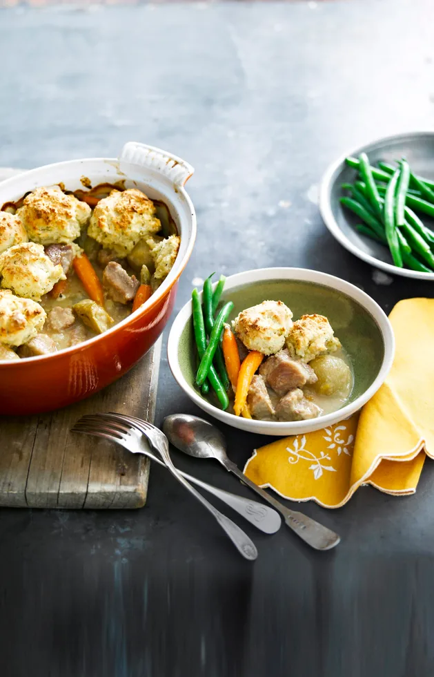 Pork and apple cider casserole with sage dumplings