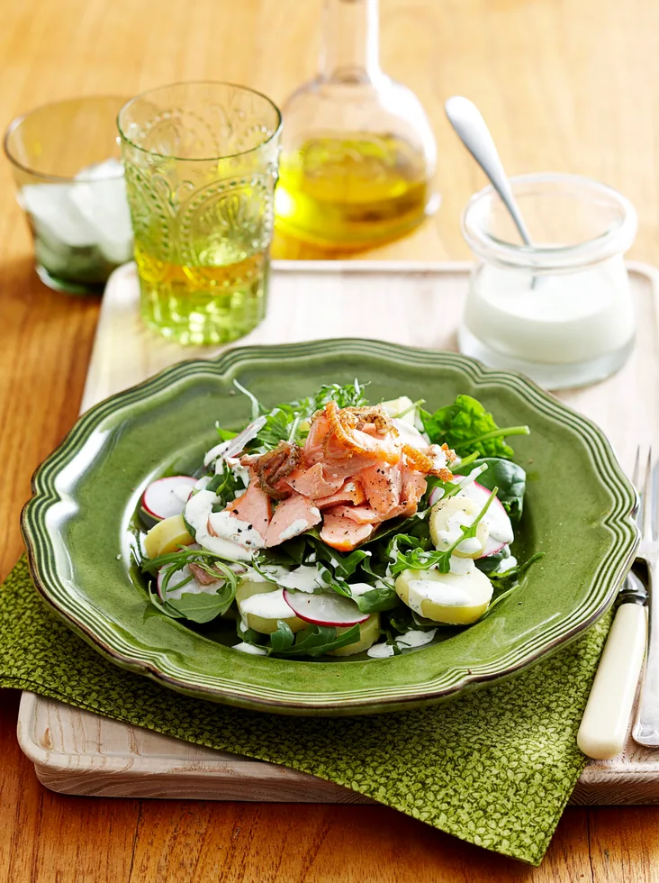 Potato and trout salad with mint dressing