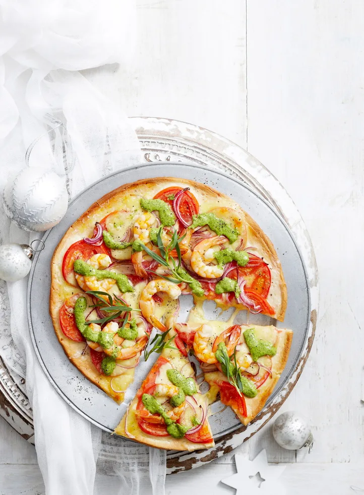 Prawn and salsa Verde pizzas
