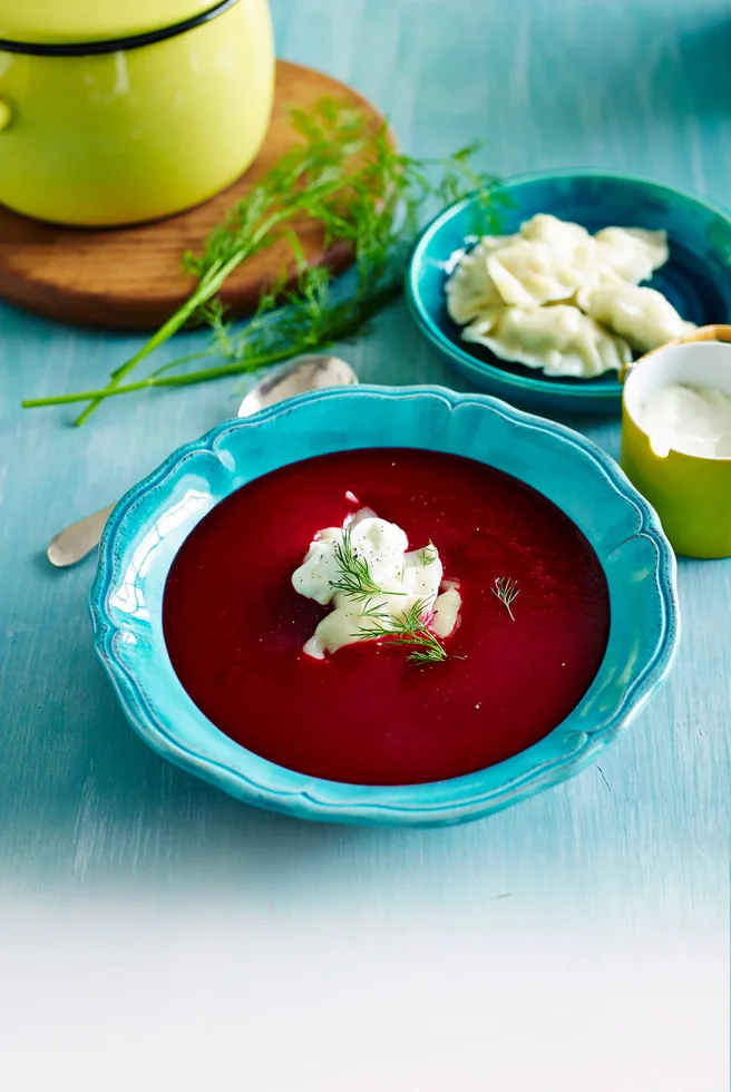 Beetroot soup with lemon and chicken dumplings