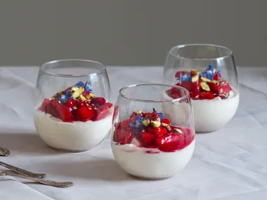 Coconut panna cotta with mulled strawberries