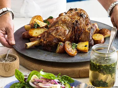 Greek-style lamb with golden potatoes