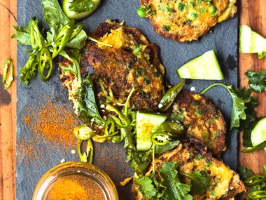 Big green fritters with cayenne honey