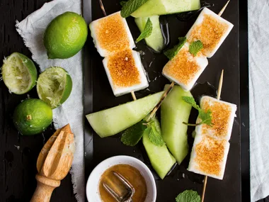 Grilled marshmallow with honeydew melon and clover syrup