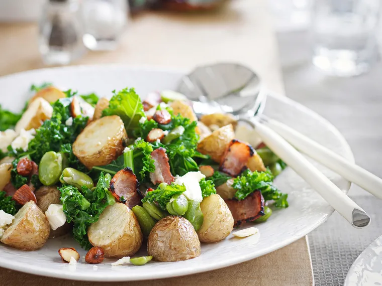 Warm potato and broad bean salad with NZ Pork bacon and feta