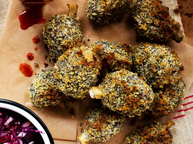 Poppy-crumbed bingo wings and  red slaw