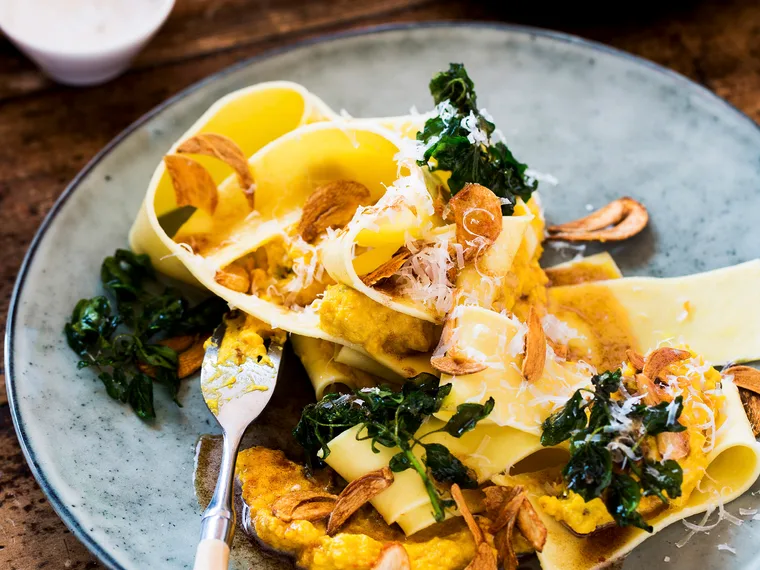 Pumpkin pappardelle with burnt butter sauce and garlic chips