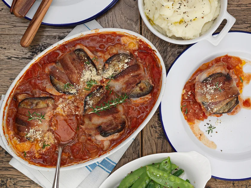 Chicken and eggplant Provenal with bacon and fresh rosemary recipe