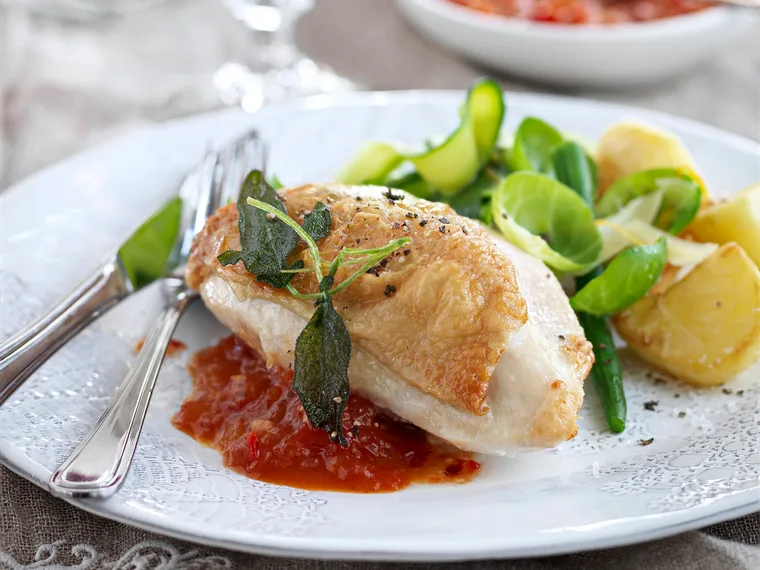 Feta and sage stuffed chicken breast with tomato chilli jam