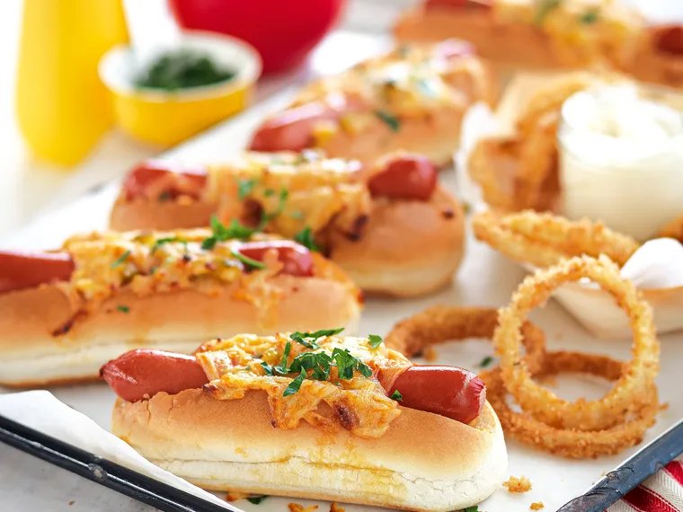 Baked New York style hot dogs with crispy onion rings