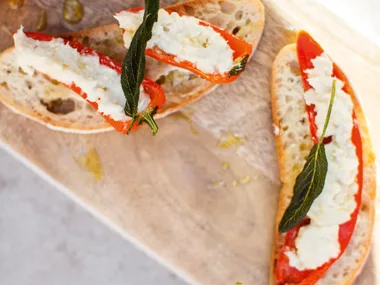 Peperoncini stuffed with salt cod on bruschetta