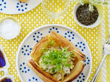 Feta, smoked chicken, preserved lemon and green tomato tarts