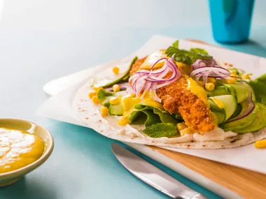 Crispy chicken and avocado wraps with mango sauce