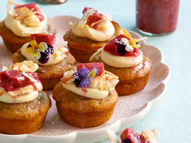 Banana maple cakes with cream cheese icing and poached rhubarb