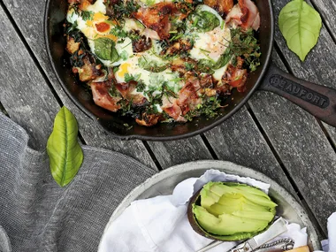 Herbed breakfast hash with swede, pancetta and parmesan
