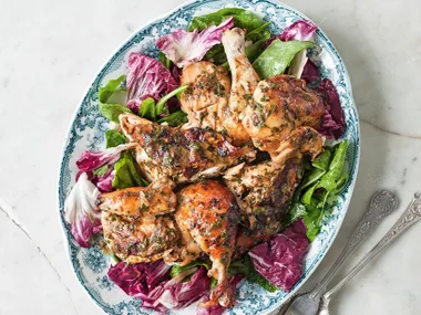 Butter-roasted chicken with lemon, herbs and winter salad
