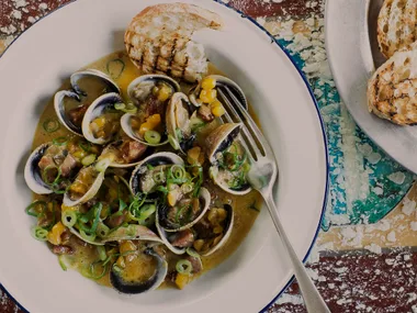Clams steamed with sweetcorn, cider and soy