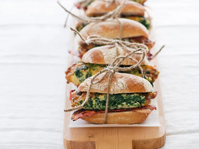 Spinach omelette and bacon rolls