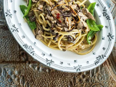 Wild mushroom bucatini with snow peas and chilli
