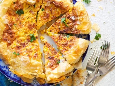 Deep-dish bacon and corn filo tart
