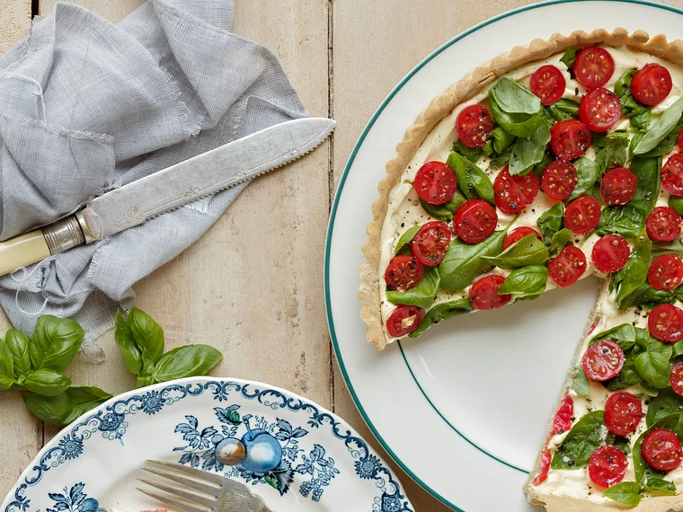 Spring cherry tomato, basil and cr&egrave;me fra&icirc;che tart with buckwheat crust
