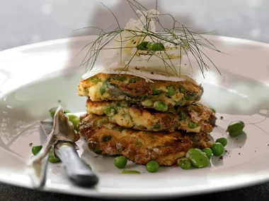 Pea, broad bean, mint and feta fritters