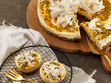 Greek yoghurt and passionfruit cheesecake with brazil nut base
