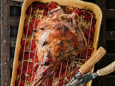 Roast lamb with vegetable gratin