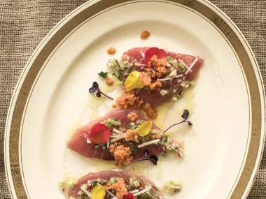 Tuna ceviche with smoked tomato granita