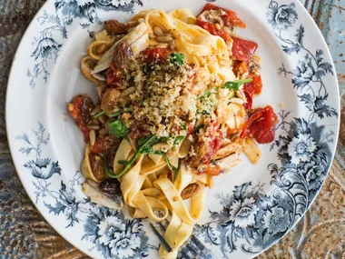 Tagliatelle with vine tomatoes, white anchovies and breadcrumbs