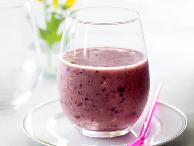 Coconut water, banana, berry & almond butter smoothie