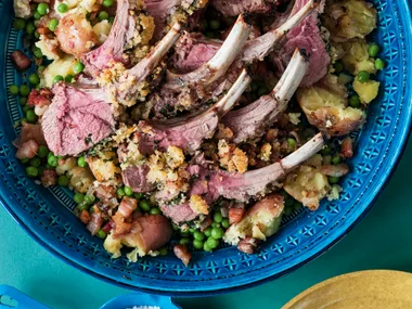 Lamb racks with mint and garlic crust, spuds, peas and pancetta