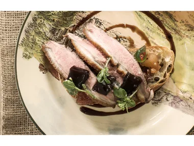 Tea-smoked duck with mustard fruits and balsamic jelly