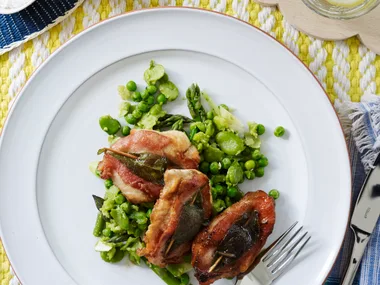 Chicken saltimbocca and broad bean mash