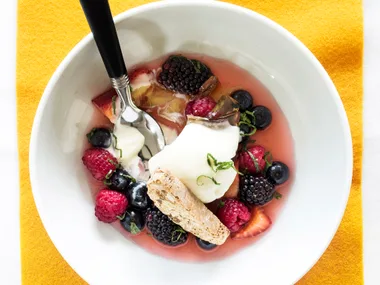 Mixed berry soup, galliano amaretto jelly and frozen yoghurt