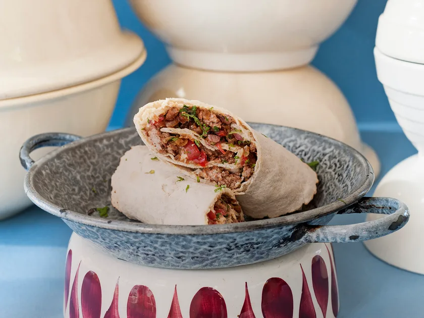 Lamb roll-ups with creamy hummus