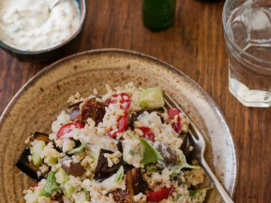 Baked eggplant with tabil and burghul